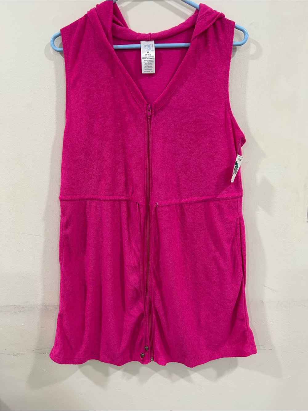 Time and Tru Hooded Sleeveless Terry Zip-Front Cover-Up in Fuchsia size M